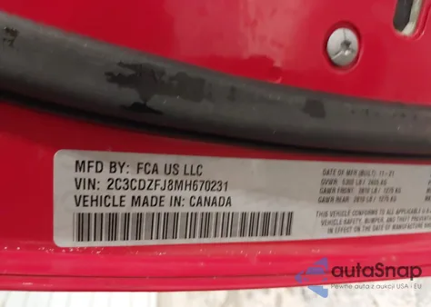 2021 Dodge Challenger R/T Scat Pack Widebody z USA, uszkodzony, nr VIN 2C3CDZFJ8MH670231